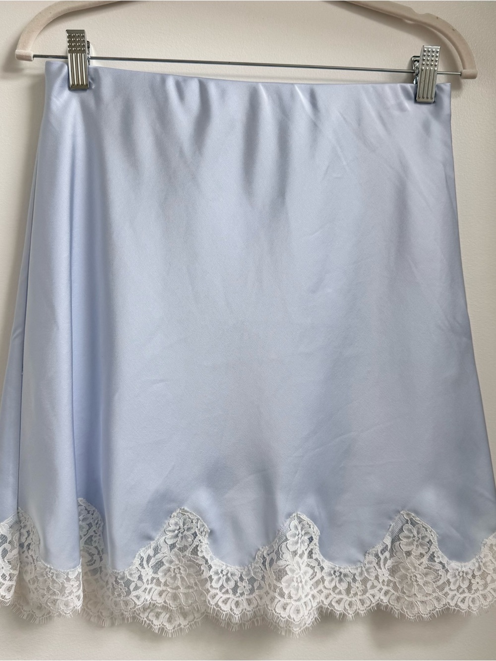 Aritzia Pale Blue Silk Mini Skirt with White Lace Trim - Picture 2 of 4